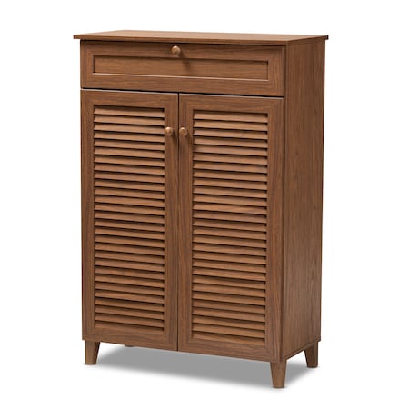 Baxton Studio Coolidge Walnut Finished 5-Shelf Wood Shoe Storage Cabinet with Drawer 156-9389